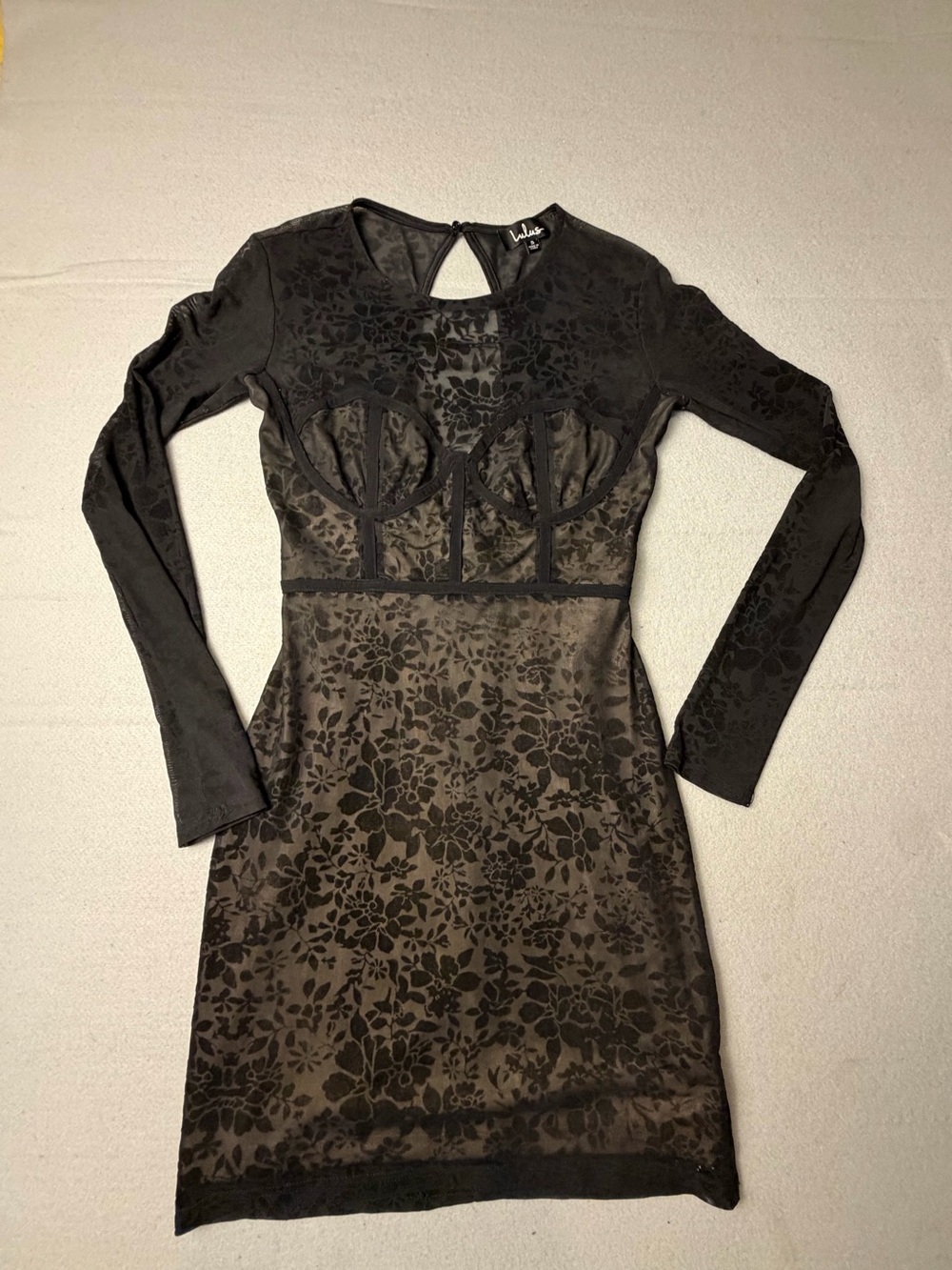 Lulu's Black Floral Burnout Long Sleeve Bodycon Dress. S